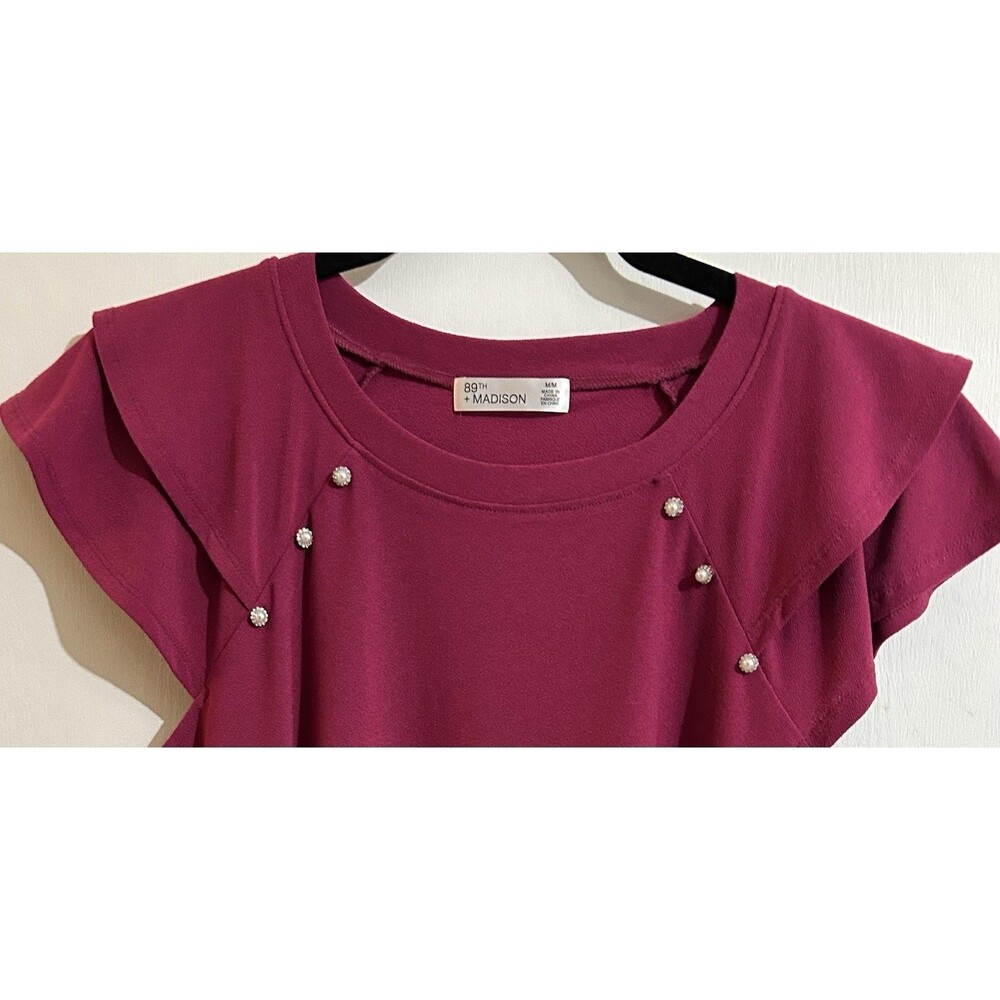 89th + Madison Women's M Berry Solid Scoop Neck Beaded Flutter Sleeve Blouse - Picture 2 of 7